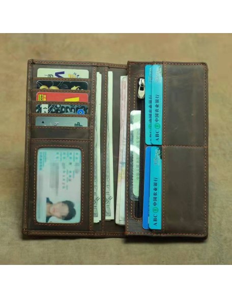 High Quality Long Style Credit Card Holder with Zipper Pocket Crazy Horse Leather High Capacity Wallet