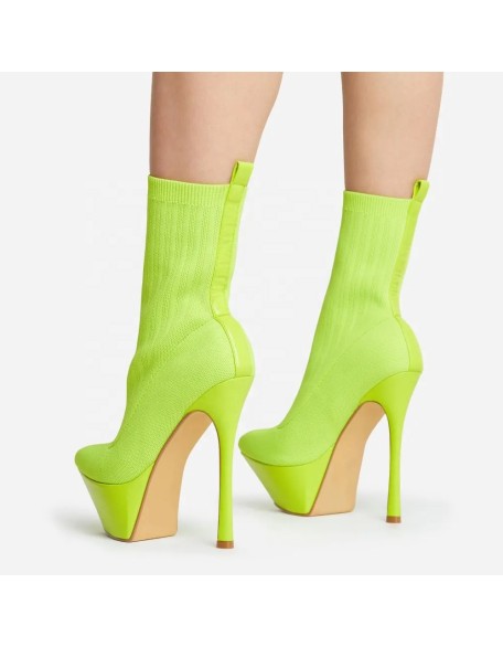 Platform knit material shoes women high heels boots women shoes with pointy toe