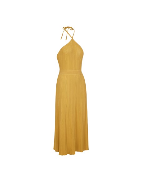 Knitwear manufacturers custom summer halter backless ribbed elegant casual gold dresses women party sweater knit women's dresses
