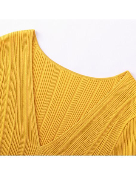 Knitwear manufacturers custom orange v neck rib elegant woman summer casual long dresses sweater knit women's dresses