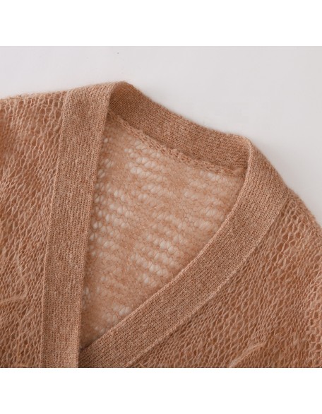 Knitwear manufacturer custom spring mohair v neck feather long sleeved loose knit cardigan sweater women