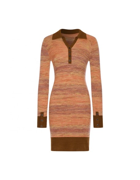 Knitwear manufacturers custom polo neck long sleeve rib wool blend elegant casual winter knitted plus size women sweater dress