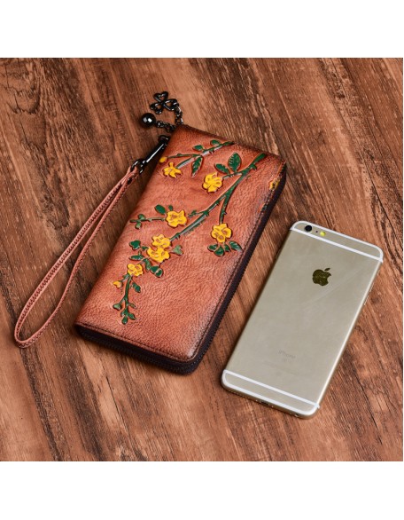2022 New Arrival Wholesale Artist Purses Multi Card Slots Holder Long Style Genuine Cow Leather Flower Wallets for Women