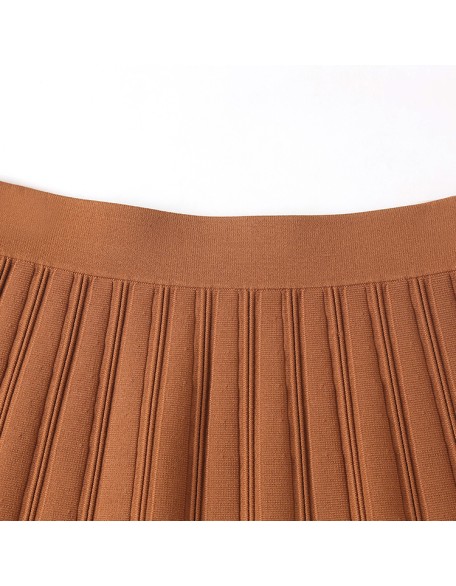 Knitwear manufacturer custom summer brown high waist elastic knit pleated women's skirt