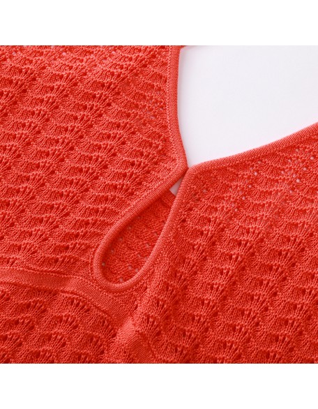 Knitwear manufacturers custom summer red halter backless hollow out elegant casual korean long dress women sweater knit dresses