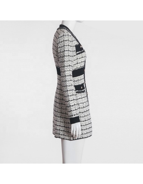 Fast delivery from stock V-neck long-sleeved plaid knitted coat ladies dresses