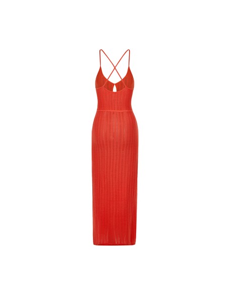Knitwear manufacturers custom summer red halter backless hollow out elegant casual korean long dress women sweater knit dresses