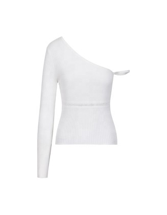 Knitwear manufacturers custom white ribbed single shoulder elegant casual plain solid color spring knitted women's sweaters