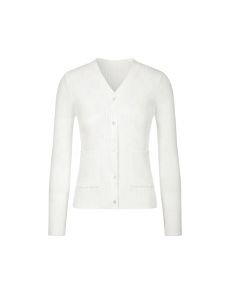 Knitwear manufacturers custom autumn white v neck ribbed elegant casual high quality women cardigan knit sweater cardigan women