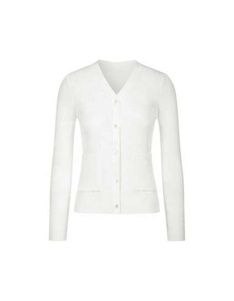 Knitwear manufacturers custom autumn white v neck ribbed elegant casual high quality women cardigan knit sweater cardigan women