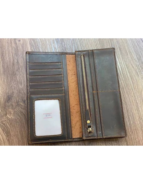 High Quality Long Style Credit Card Holder with Zipper Pocket Crazy Horse Leather High Capacity Wallet
