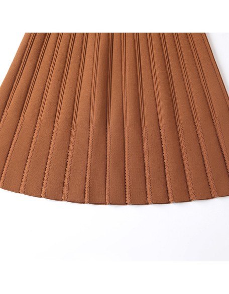 Knitwear manufacturer custom summer brown high waist elastic knit pleated women's skirt