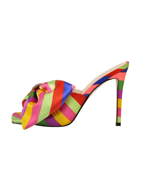 Big Bow tie Rainbow color slide sandal slipper footwear mule heels slip on fashion shoes factory price Satin  material upper