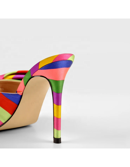 Big Bow tie Rainbow color slide sandal slipper footwear mule heels slip on fashion shoes factory price Satin  material upper