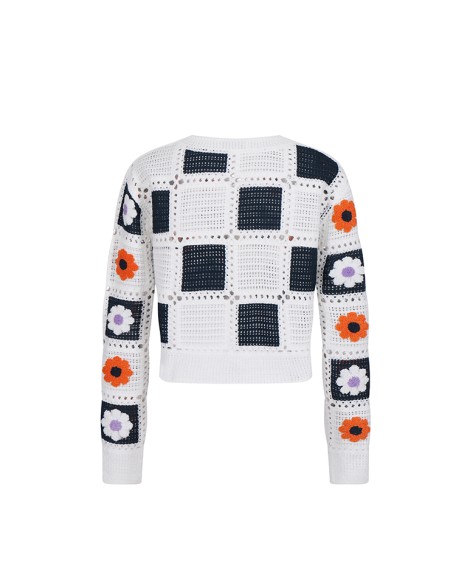 Knitwear manufacturers custom summer white crew neck long sleeves embroidered handmade crochet women cardigan sweater