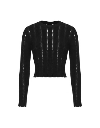 Knitwear manufacturers custom black roundneck long sleeve hollow out casual sweaters for women with design knit sweater