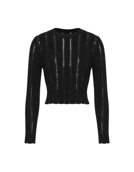 Knitwear manufacturers custom black roundneck long sleeve hollow out casual sweaters for women with design knit sweater