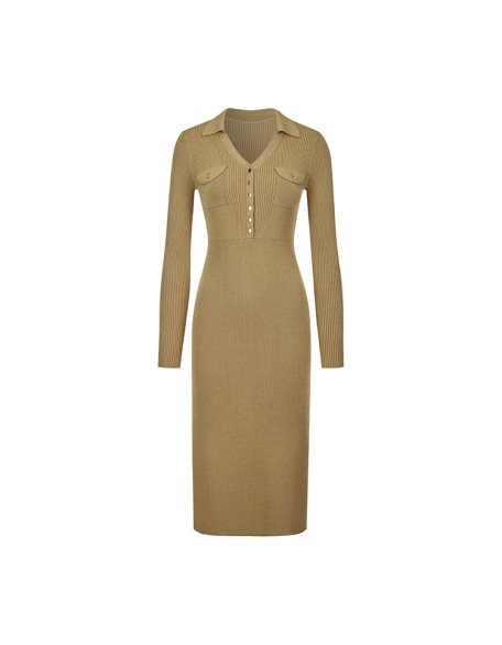 Knitwear manufacturers custom autumn v neck ribbed elegant casual women's dresses vestido longo sweater knit women's dresses