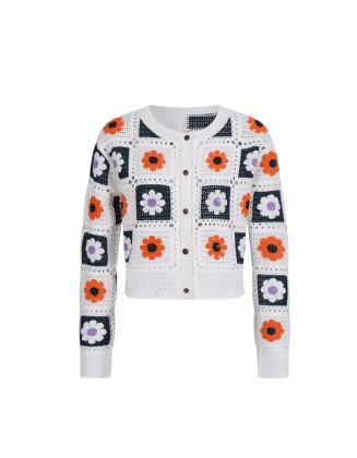 Knitwear manufacturers custom summer white crew neck long sleeves embroidered handmade crochet women cardigan sweater