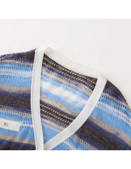Knitwear manufacturer custom v neck long sleeved striped hollow out knitted cardigan sweater women