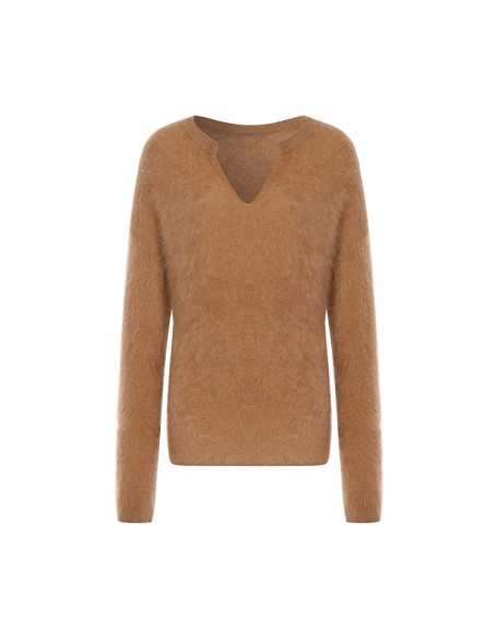 Knitwear manufacturers custom brown v neck warm cashmere casual knitted winter women's pullover sweater tops knit sweater women