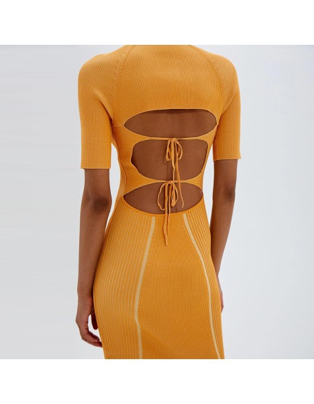 Knitwear manufacturers custom half turtleneck rib elegant casual bandage dresses for women 2023 sweater knit women's dresses