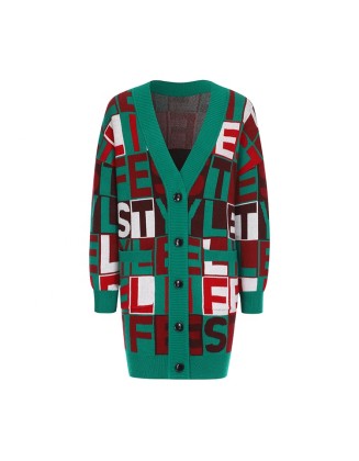 Knitwear manufacturer custom new v neck long sleeved monogram jacquard knitted cardigan coat women's sweater
