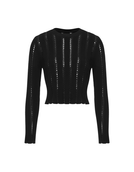 Knitwear manufacturers custom black roundneck long sleeve hollow out casual sweaters for women with design knit sweater