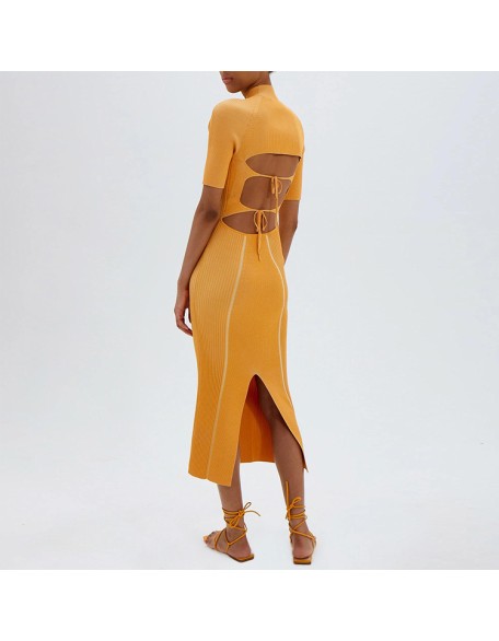 Knitwear manufacturers custom half turtleneck rib elegant casual bandage dresses for women 2023 sweater knit women's dresses