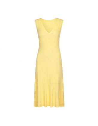 Knitwear manufacturers custom summer yellow v neck sleeveless elegant casual a line dresses for women sweater knit women's dress