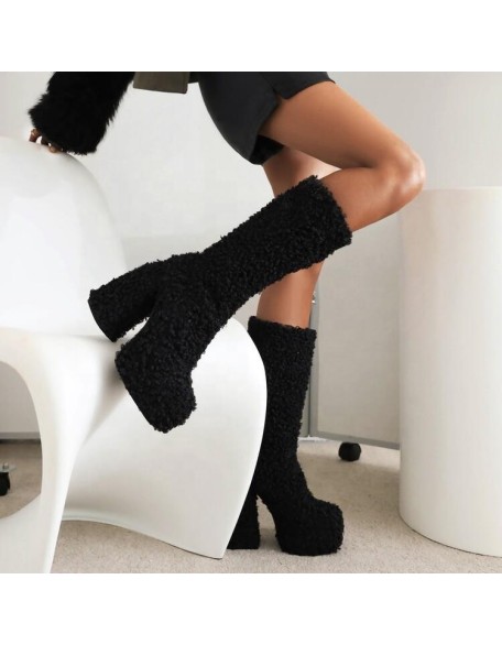 Fur upper boots women fashion block heels winter shoes boots for lady and girls in stock shoes