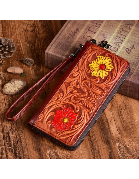 New Arrival Hot Selling Real Leather Embossed Flower Purse Luxury Carved Long Wallets for Women
