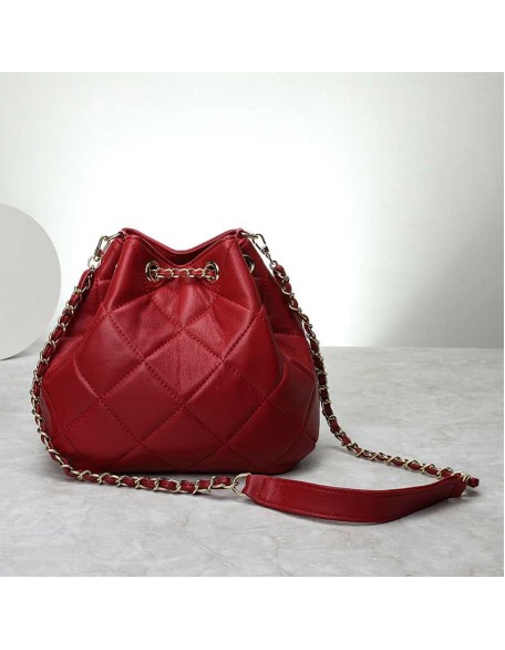 Promotion Ladies Quilted Draw string Genuine Sheepskin Leather Bucket Bag ladies handbags genuine leather custom