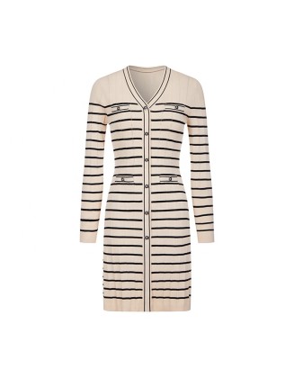 Knitwear manufacturers custom autumn striped v neck elegant casual pictures formal dresses women sweater knit women's dresses