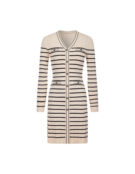 Knitwear manufacturers custom autumn striped v neck elegant casual pictures formal dresses women sweater knit women's dresses