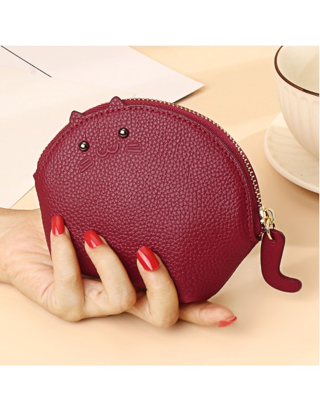 Latest Designer Genuine Leather Women's Mini Lovely Cat Card Holder Zipper Zero Wallet Pouch