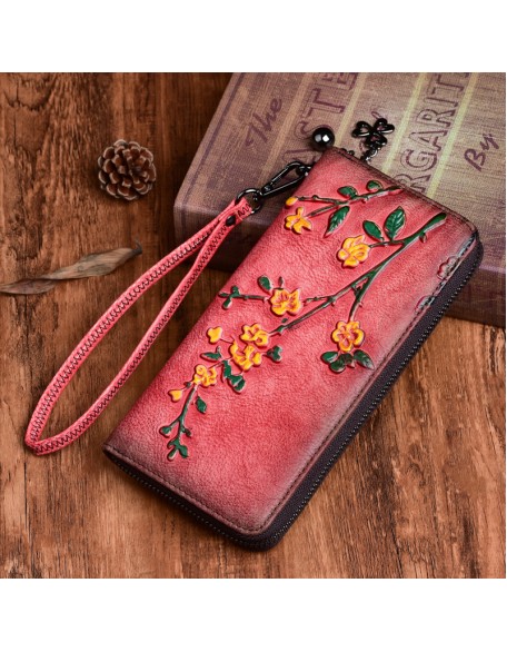 2022 New Arrival Wholesale Artist Purses Multi Card Slots Holder Long Style Genuine Cow Leather Flower Wallets for Women