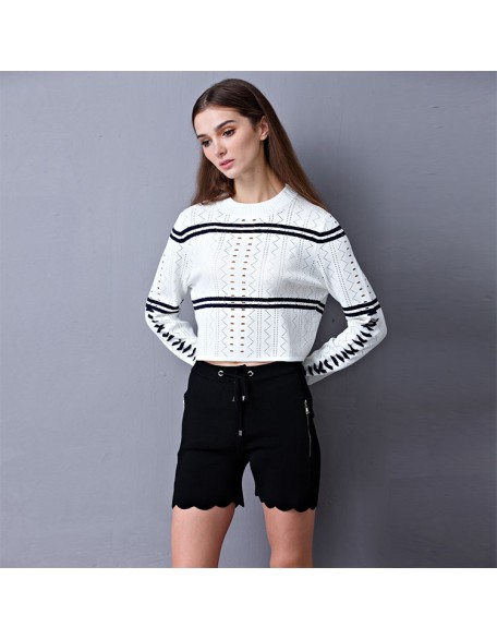Knitwear manufacturers custom fall long sleeve cutout crop top casual round neck women clothes pullover knitted sweater women