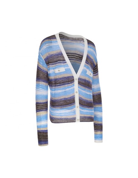 Knitwear manufacturer custom v neck long sleeved striped hollow out knitted cardigan sweater women
