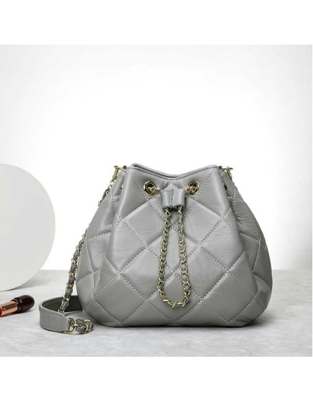 Promotion Ladies Quilted Draw string Genuine Sheepskin Leather Bucket Bag ladies handbags genuine leather custom