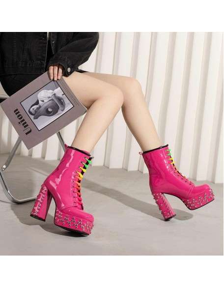 Rivet studded fashion square toe martin boots for womens winter boots PU material block heels shoes