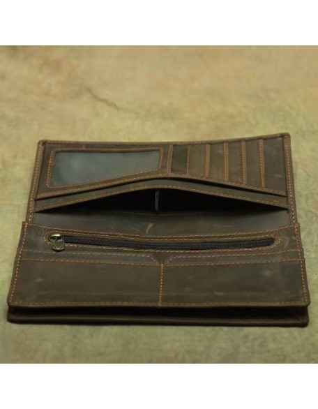 High Quality Long Style Credit Card Holder with Zipper Pocket Crazy Horse Leather High Capacity Wallet