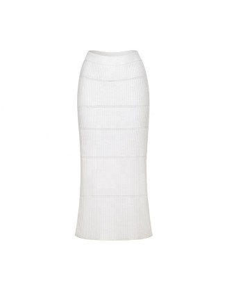 Knitwear manufacturers custom white high waist hollow out rib midi elegant casual skirts for women solid knitted women's skirts