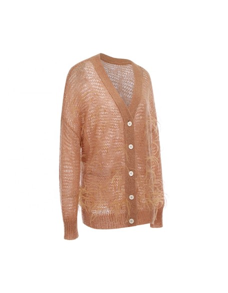 Knitwear manufacturer custom spring mohair v neck feather long sleeved loose knit cardigan sweater women