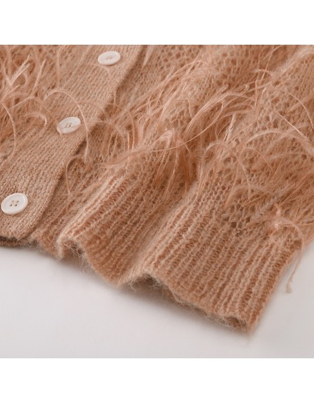 Knitwear manufacturer custom spring mohair v neck feather long sleeved loose knit cardigan sweater women