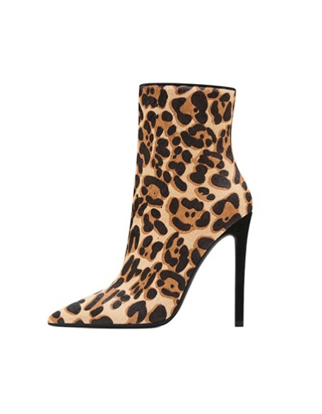 Large size women's boots leopard suede upper pointy toe shape half booties with zip closure thin heels shoes