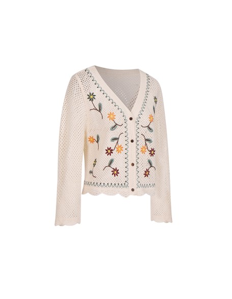 Knitwear manufacturers custom summer cutout knit short V neck long sleeves women crochet cardigan top
