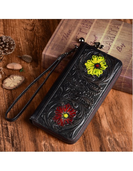 New Arrival Hot Selling Real Leather Embossed Flower Purse Luxury Carved Long Wallets for Women
