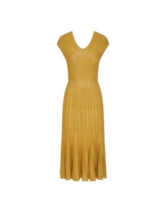 Knitwear manufacturers custom summer v neck sleeveless elegant casual gold dresses women party sweater knit women's dresses