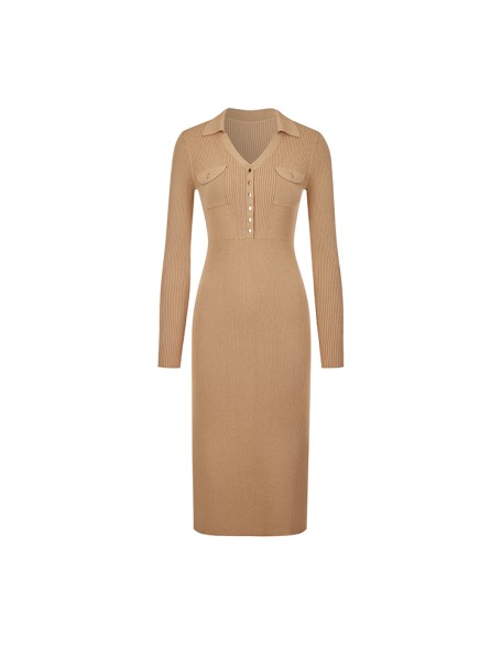 Knitwear manufacturers custom autumn v neck ribbed elegant casual women's dresses vestido longo sweater knit women's dresses